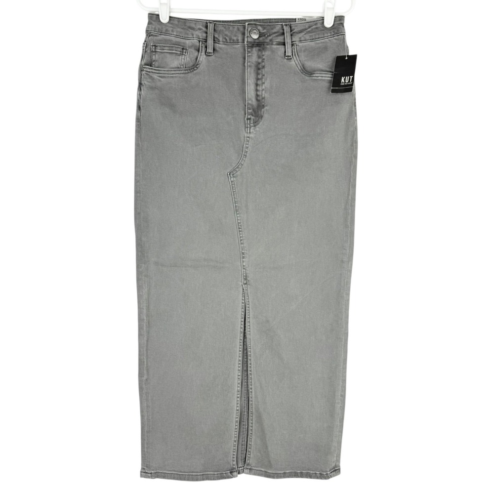Kut from the Kloth Womens Stretch Kindra Slit Grey Fog Midi Denim Skirt Sz 4 NWT